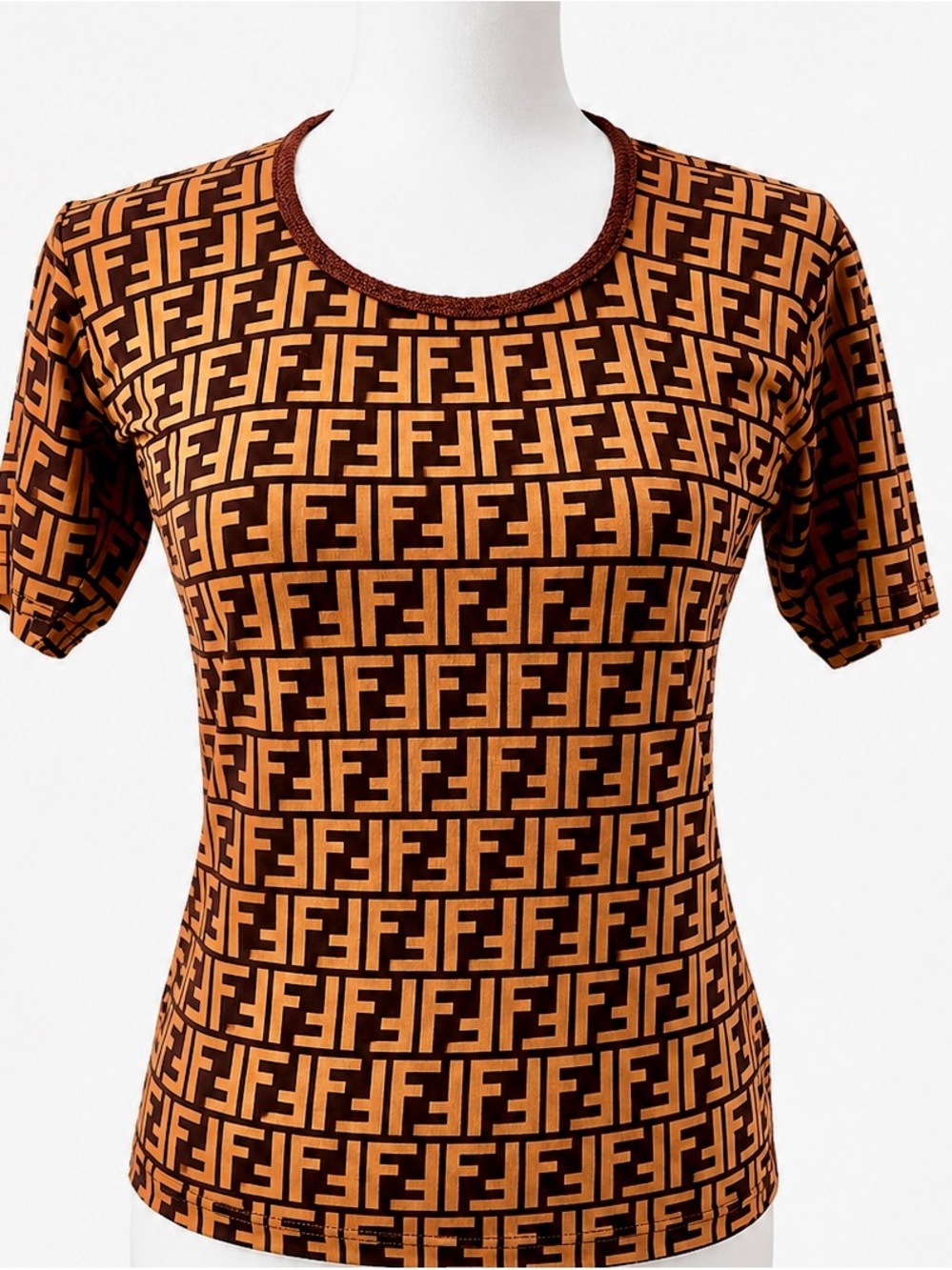 Fendi Brown and Tan FF Logo Short Sleeve Tee